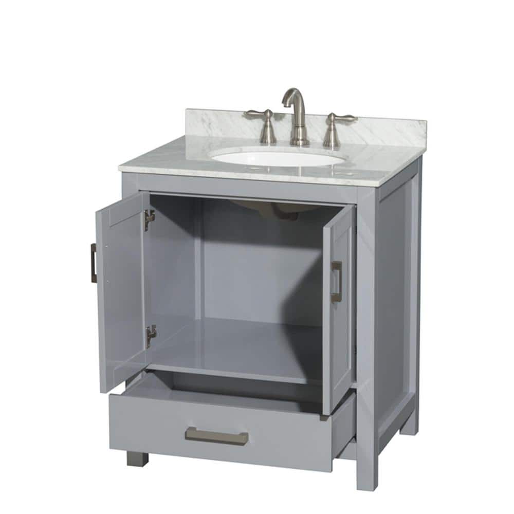 Wyndham Collection Sheffield 30" Gray Bathroom Vanity with White Carrara Marble Top