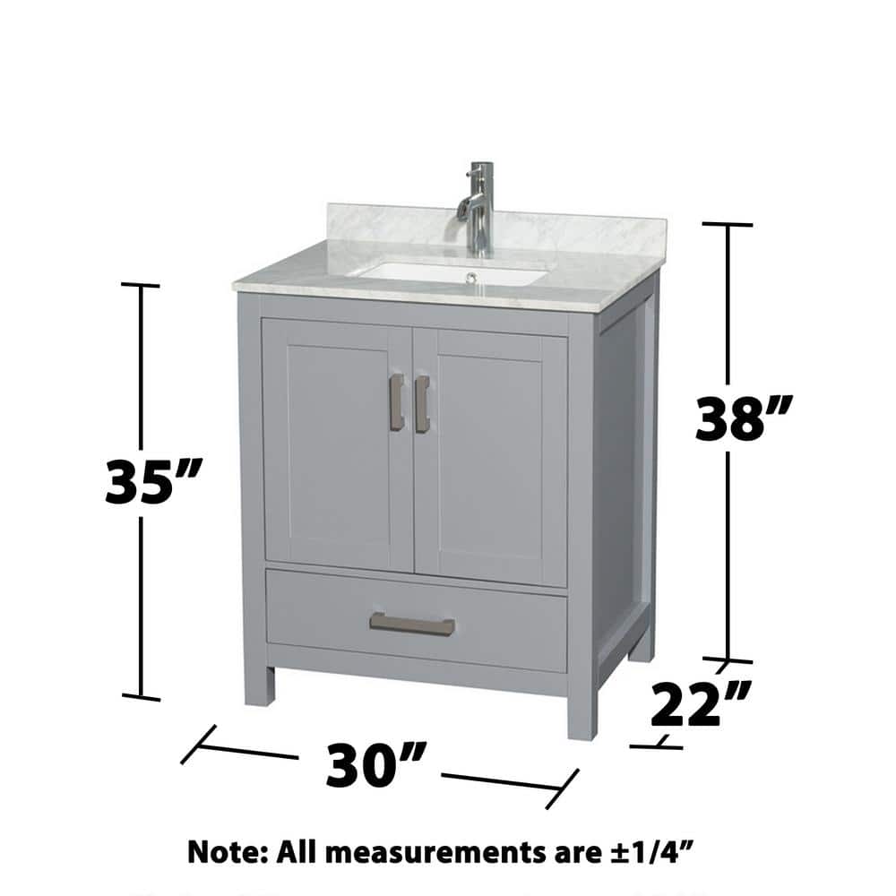 Wyndham Collection Sheffield 30" Gray Bathroom Vanity with White Carrara Marble Top