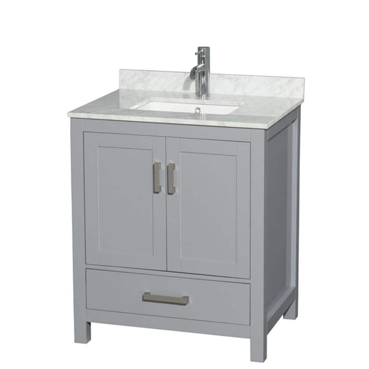 Wyndham Collection Sheffield 30" Gray Bathroom Vanity with White Carrara Marble Top
