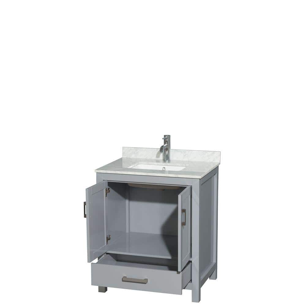 Wyndham Collection Sheffield 30" Gray Bathroom Vanity with White Carrara Marble Top