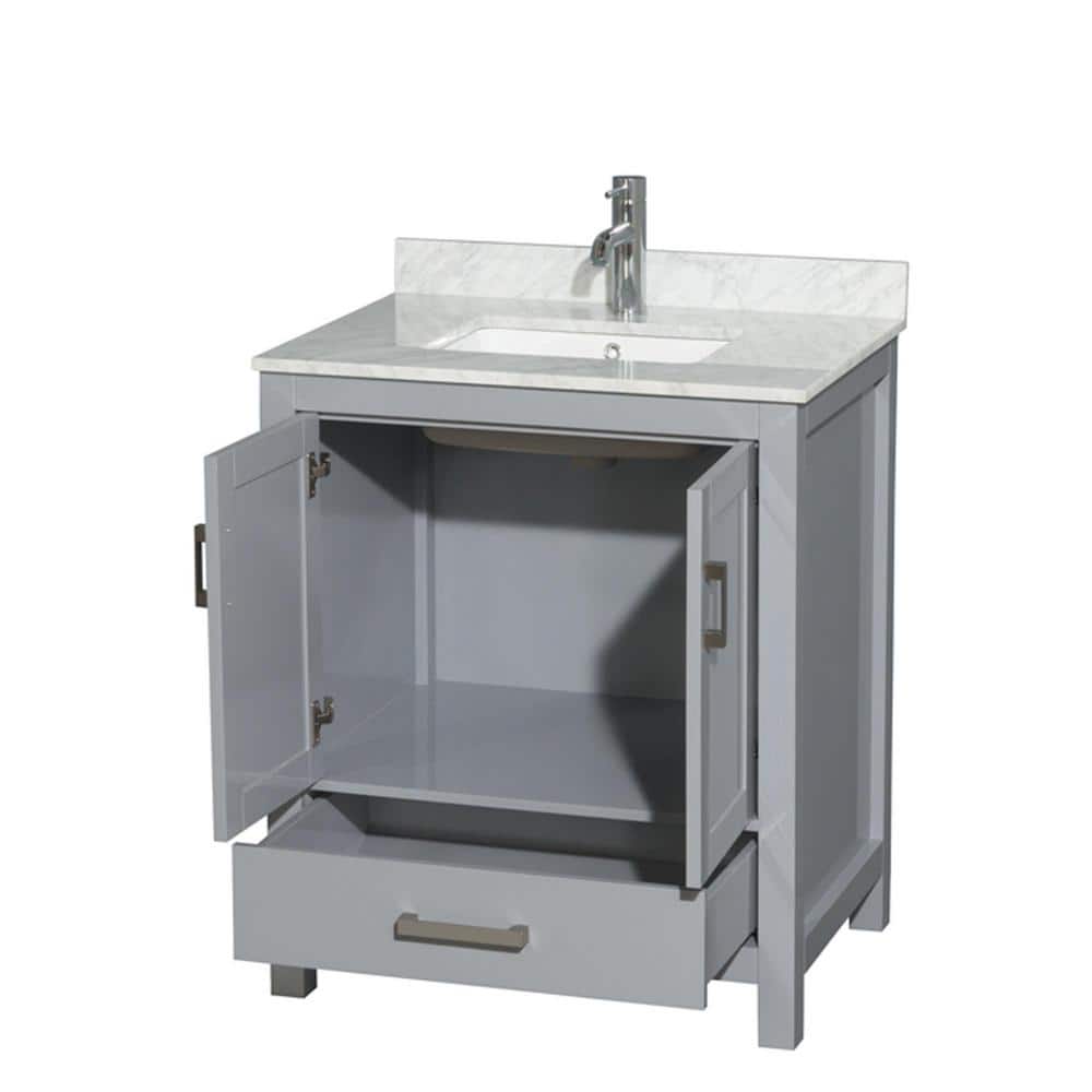 Wyndham Collection Sheffield 30" Gray Bathroom Vanity with White Carrara Marble Top