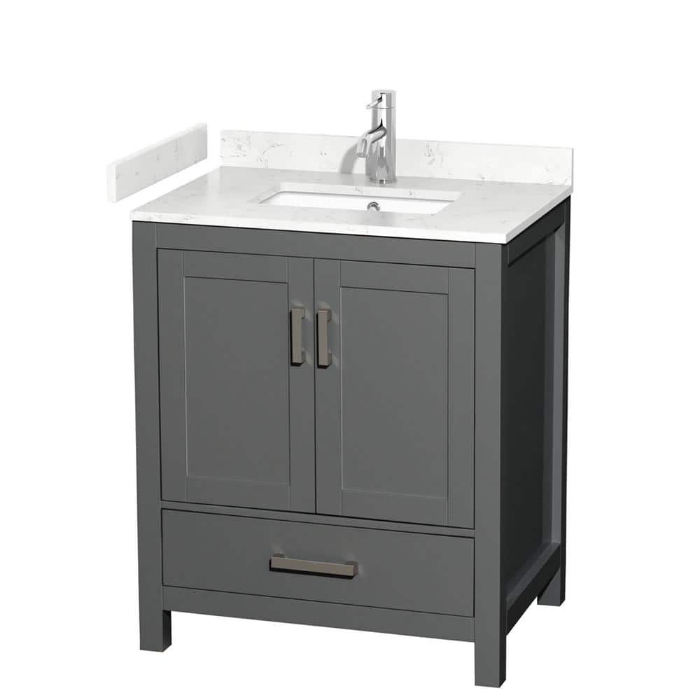 Wyndham Collection Sheffield 30" Single Bath Vanity in Dark Gray with Carrara Marble Top