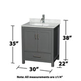 Wyndham Collection Sheffield 30" Single Bath Vanity in Dark Gray with White Carrara Marble Top