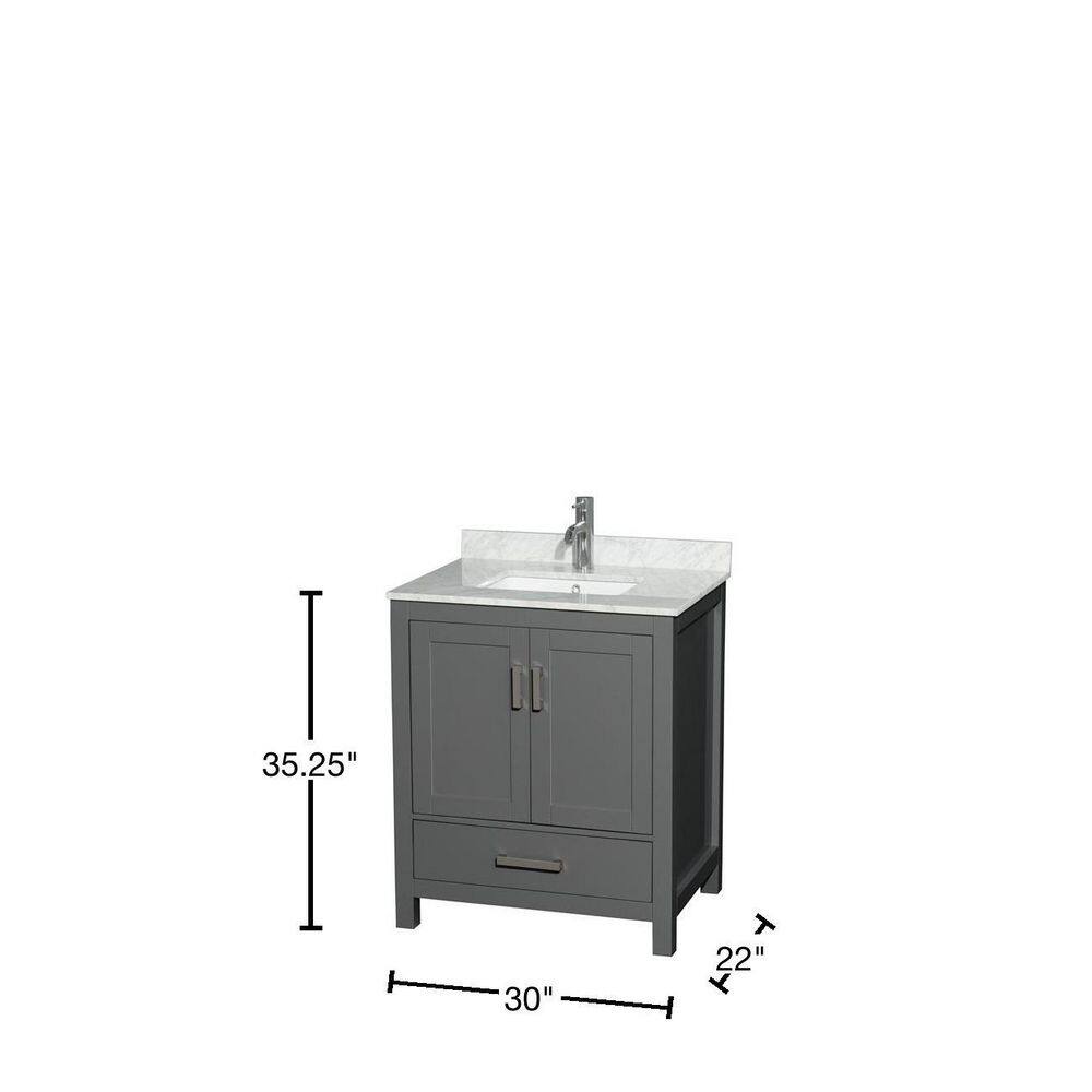 Wyndham Collection Sheffield 30" Single Bath Vanity in Dark Gray with White Carrara Marble Top