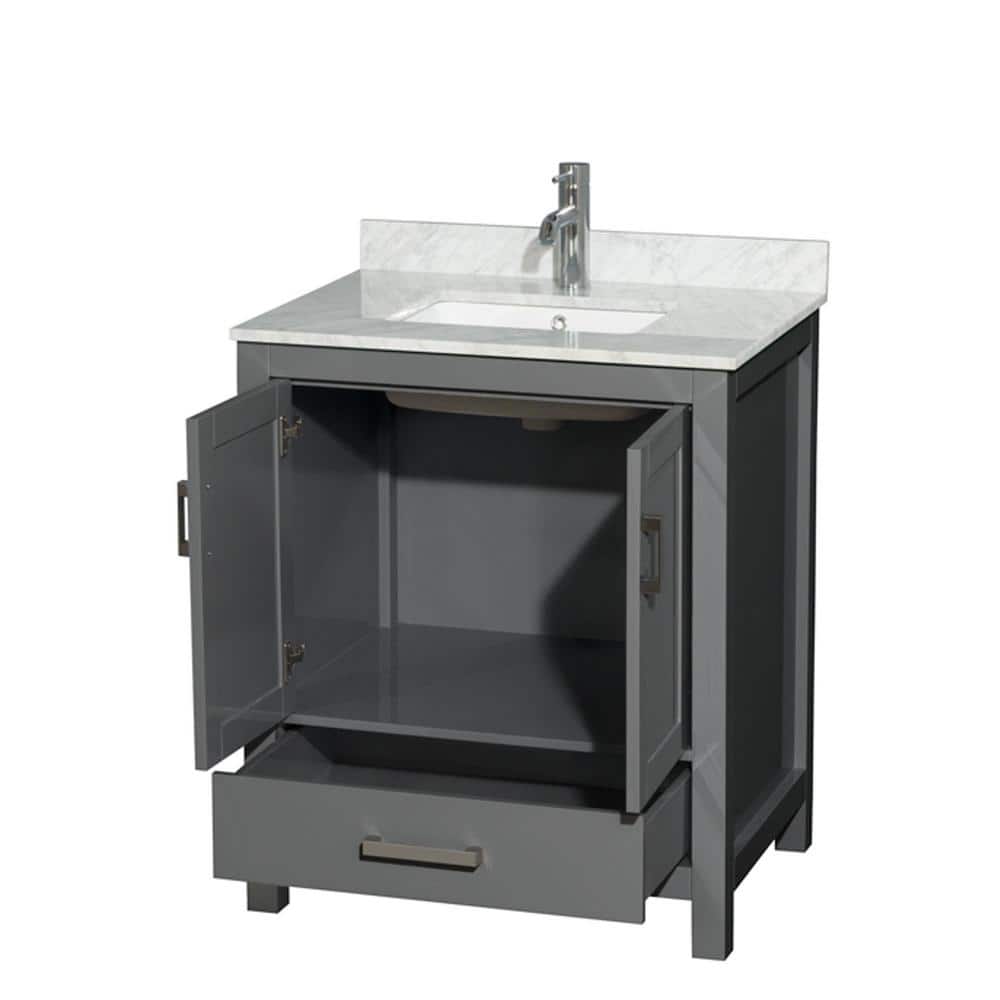 Wyndham Collection Sheffield 30" Single Bath Vanity in Dark Gray with White Carrara Marble Top
