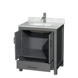 Wyndham Collection Sheffield 30" Single Bath Vanity in Dark Gray with White Carrara Marble Top