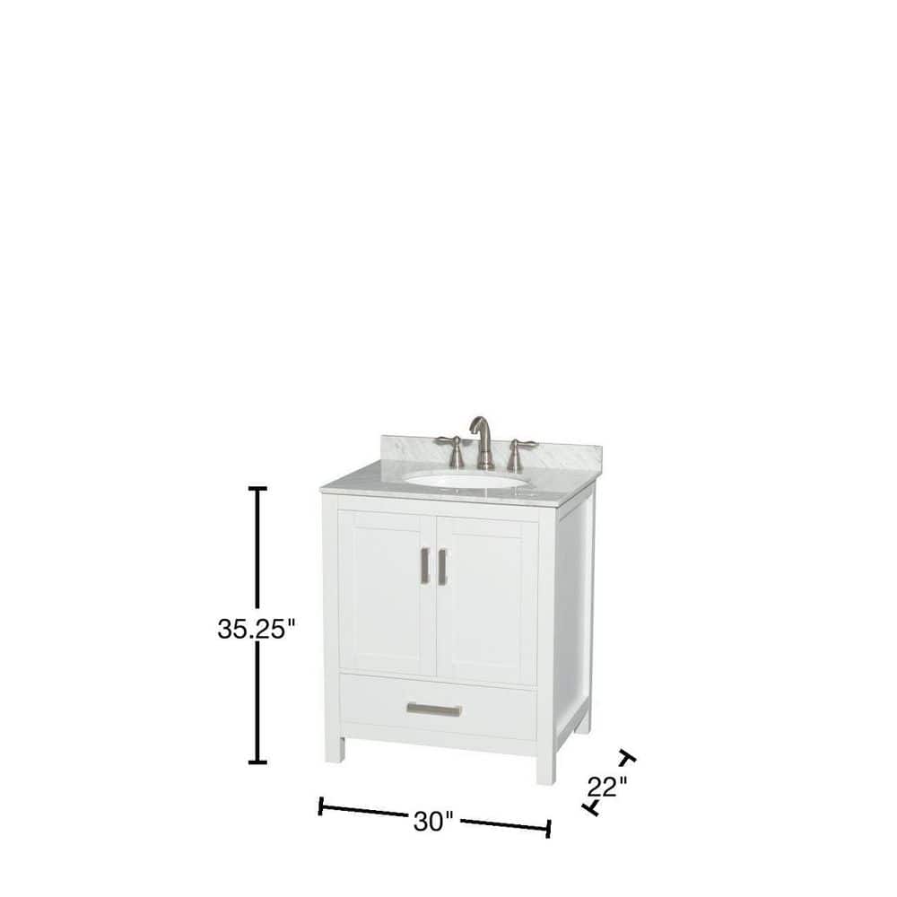 Wyndham Collection Sheffield 30" White Bathroom Vanity with Carrara Marble Top