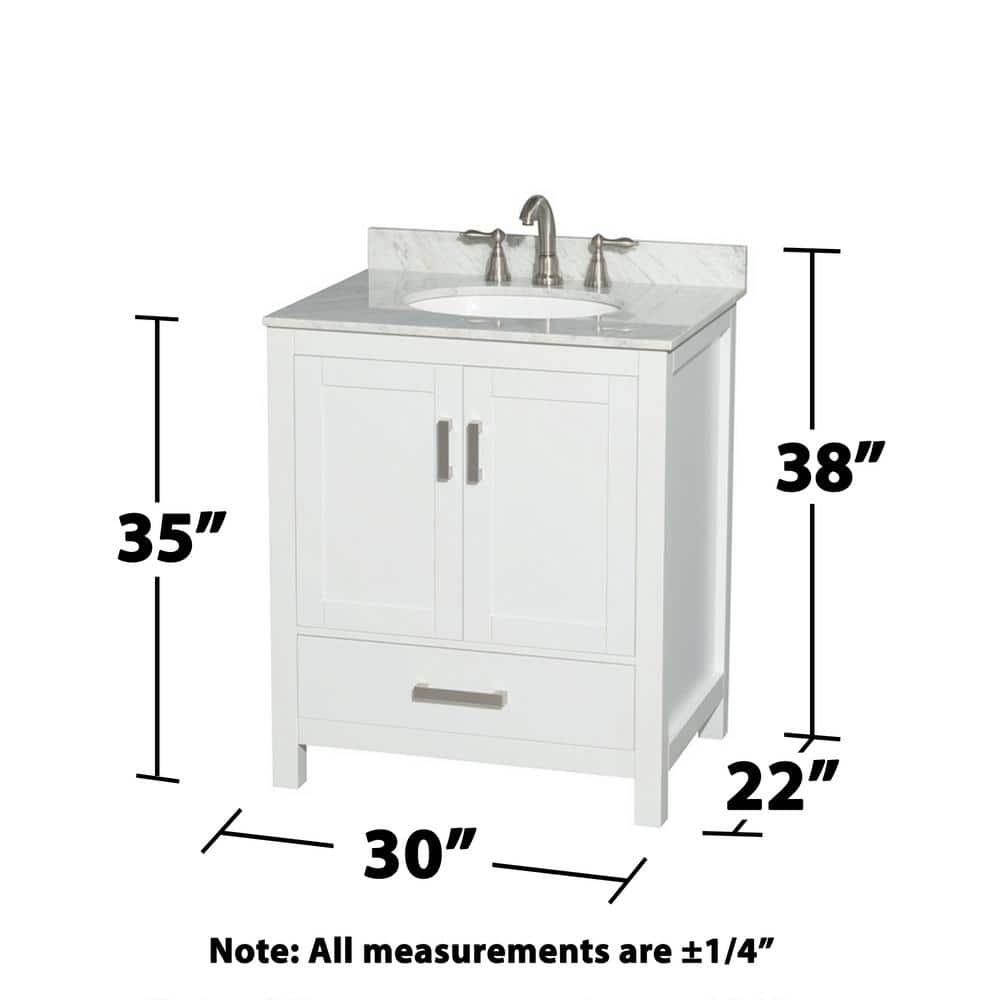 Wyndham Collection Sheffield 30" White Bathroom Vanity with Carrara Marble Top