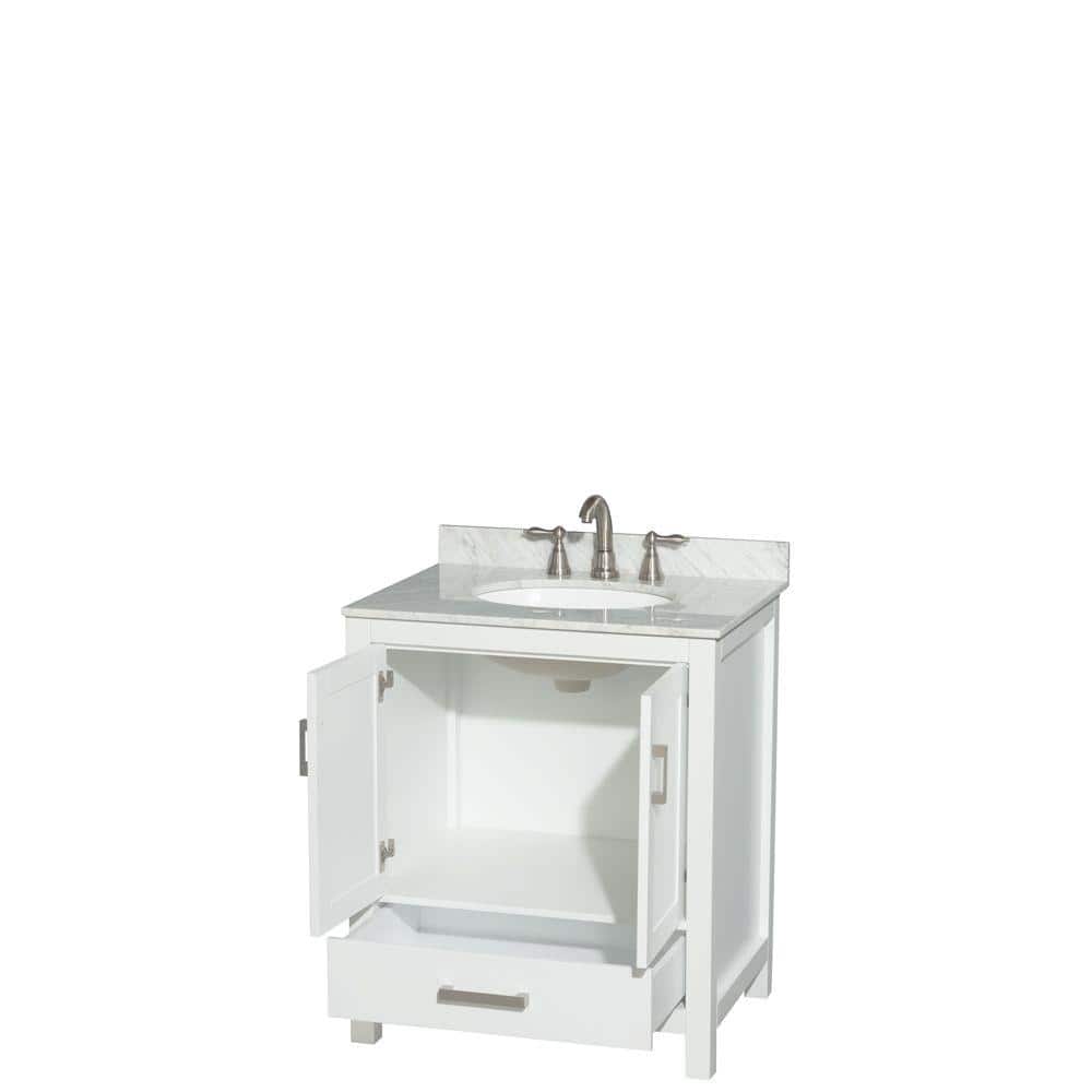 Wyndham Collection Sheffield 30" White Bathroom Vanity with Carrara Marble Top