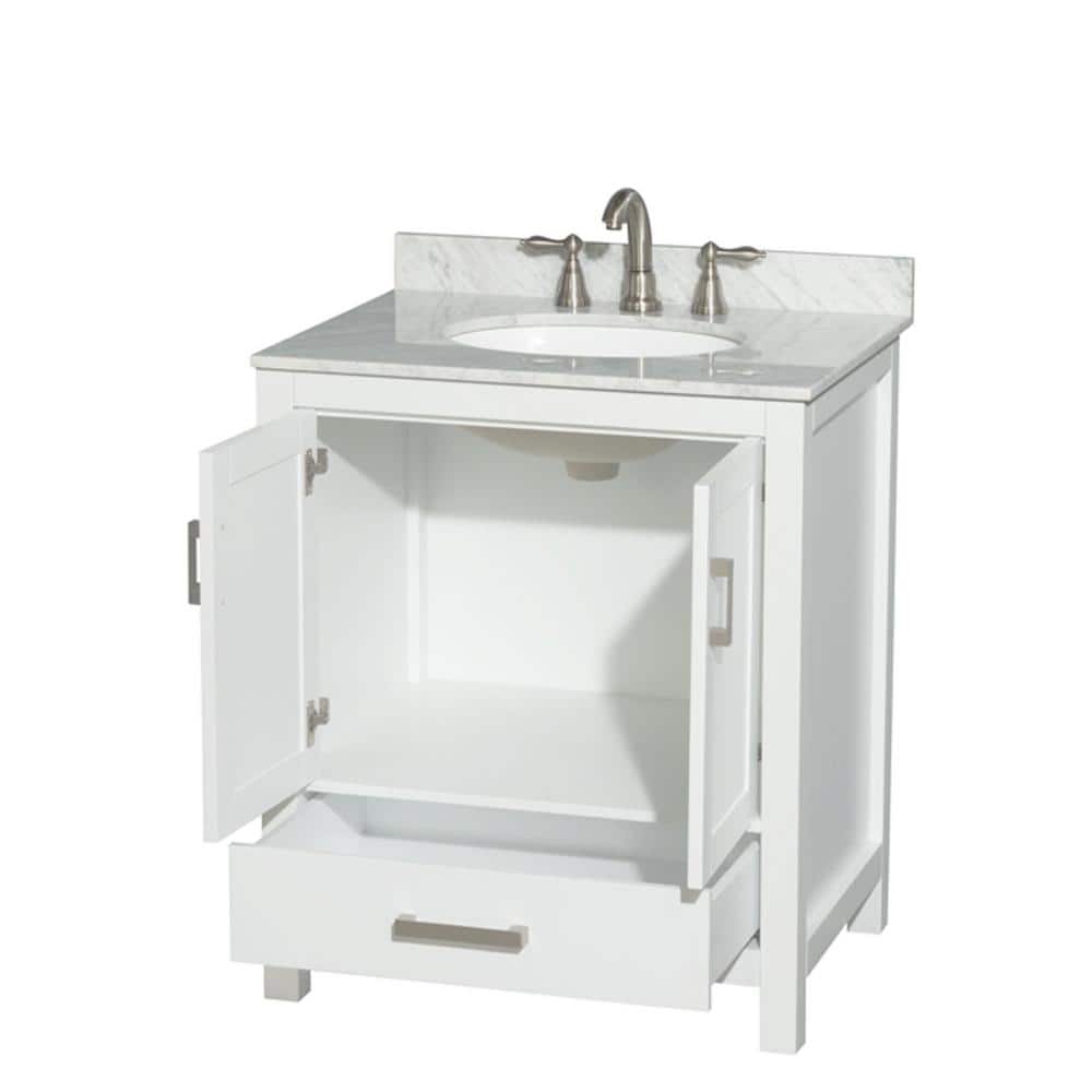 Wyndham Collection Sheffield 30" White Bathroom Vanity with Carrara Marble Top