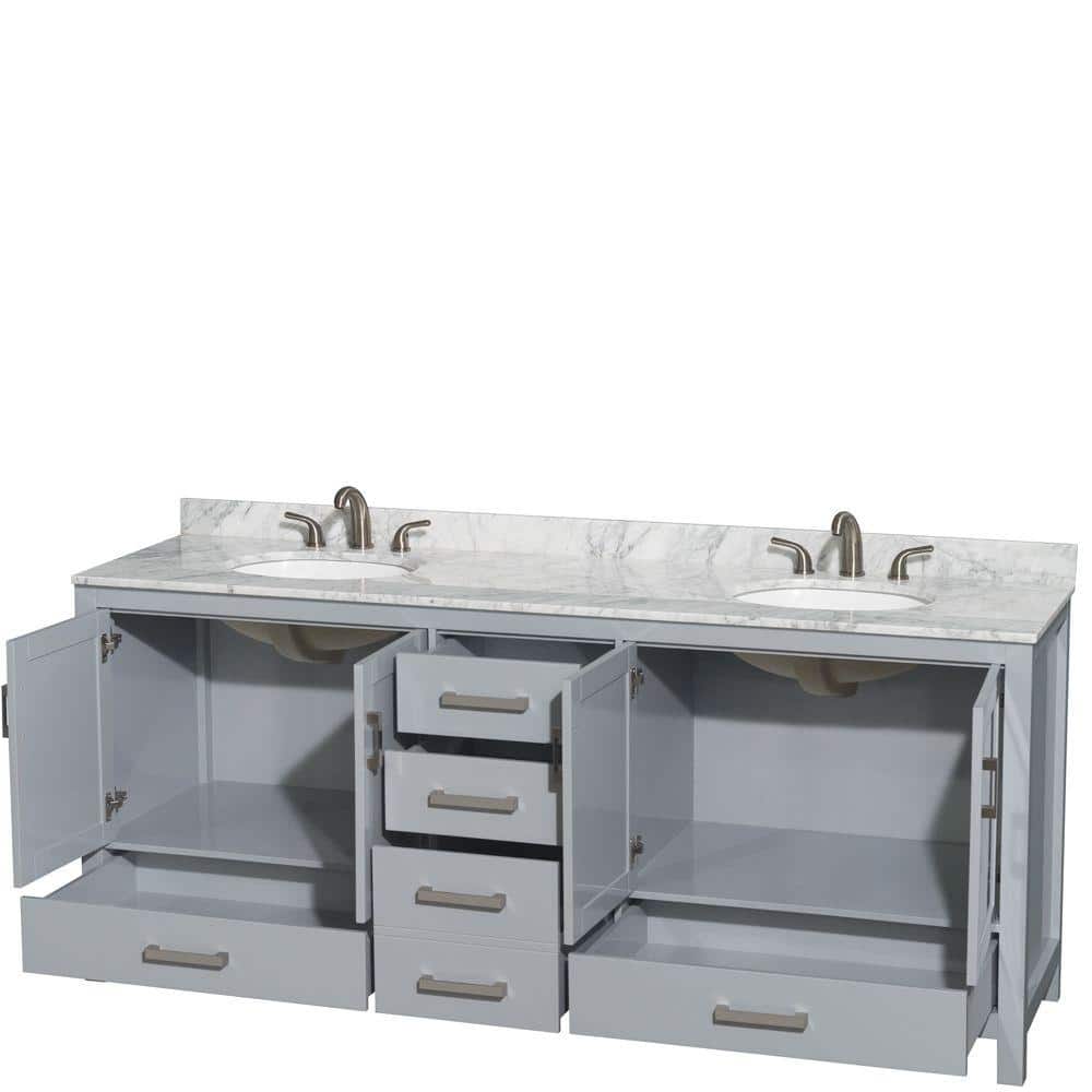 Wyndham Collection Sheffield 80" Double Bath Vanity in Gray with White Carrara Marble Top