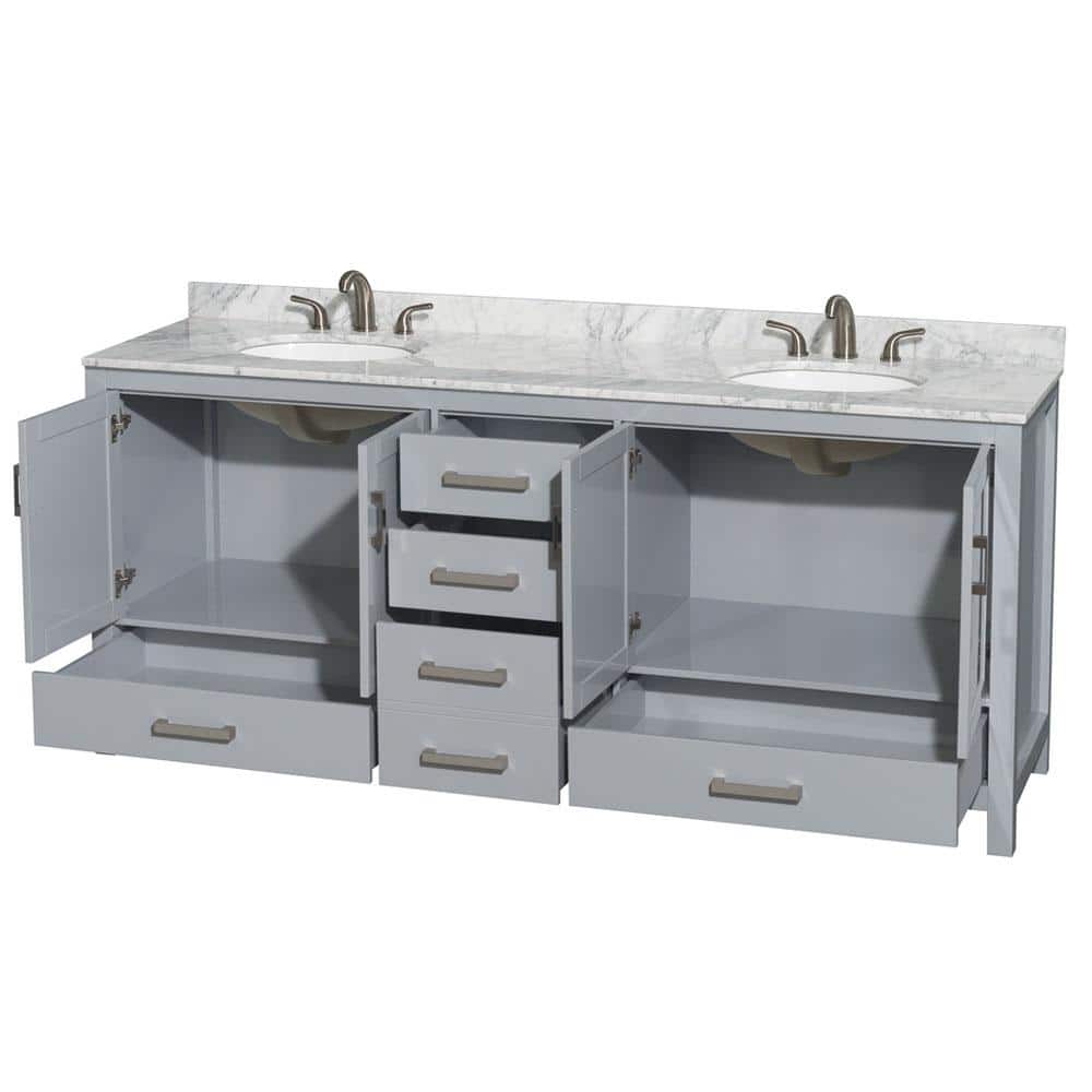 Wyndham Collection Sheffield 80" Double Bath Vanity in Gray with White Carrara Marble Top