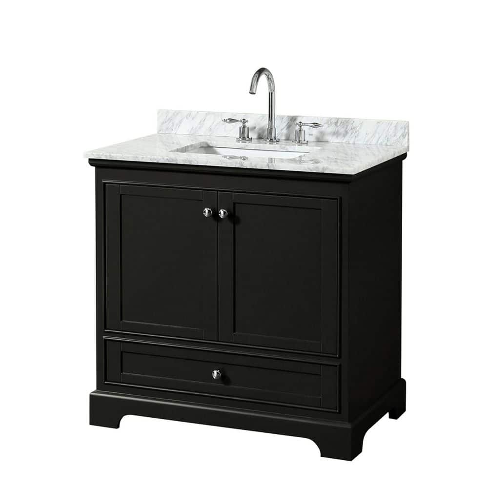 Wyndham Collection Deborah 36" Bathroom Vanity in Dark Espresso with White Carrara Marble Top