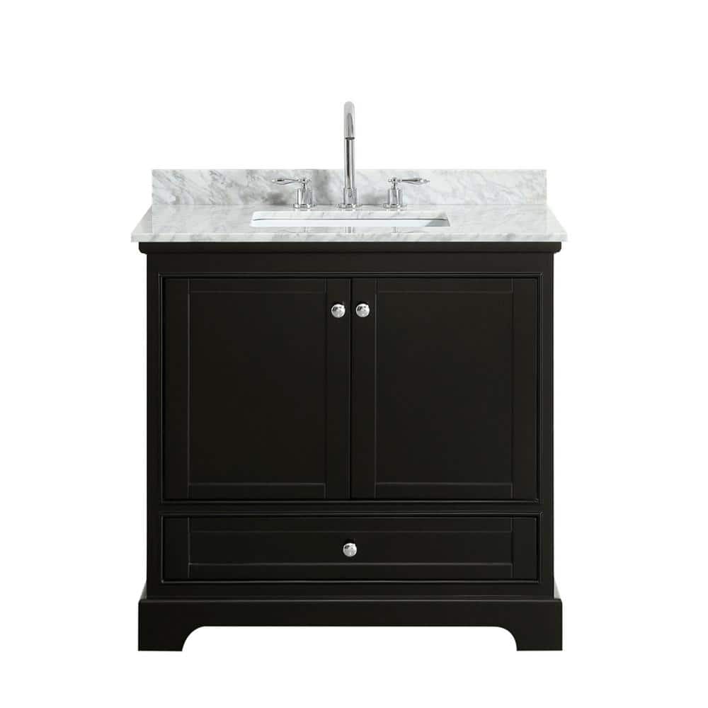 Wyndham Collection Deborah 36" Bathroom Vanity in Dark Espresso with White Carrara Marble Top