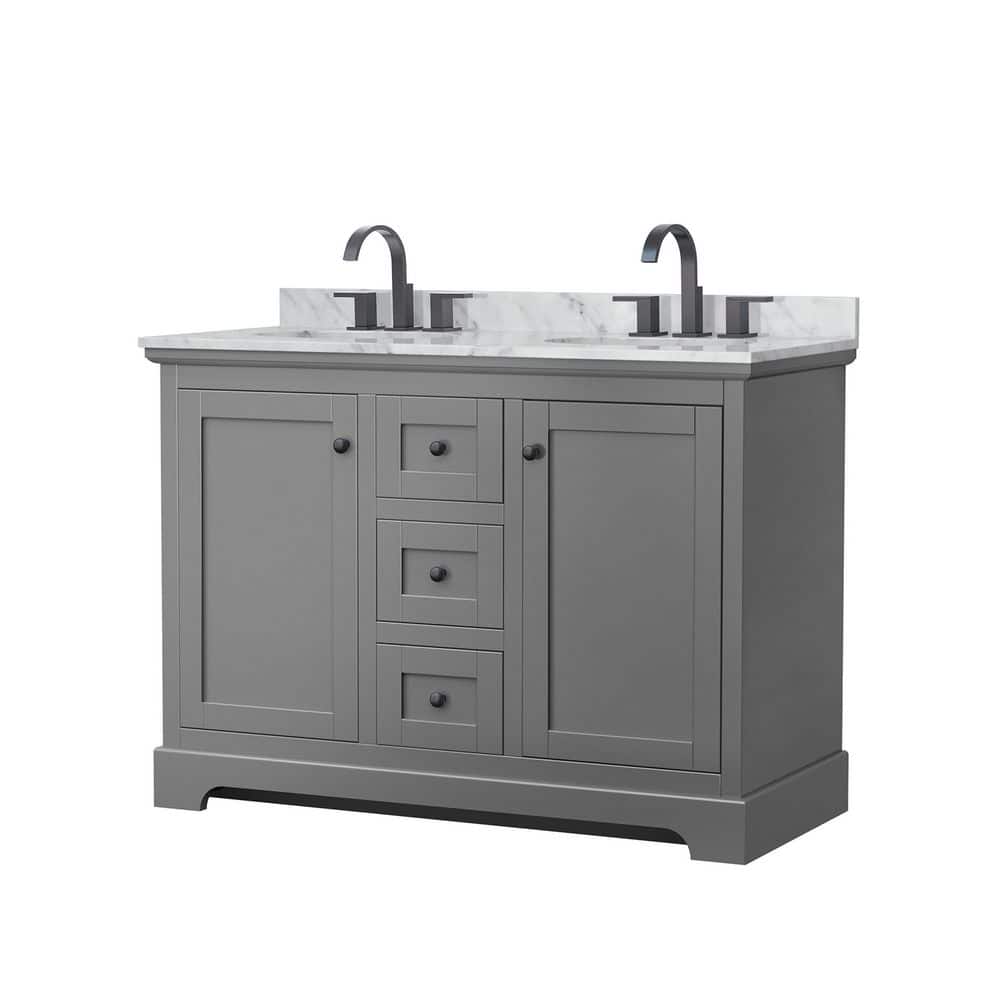 Wyndham Collection Avery 48" Double Bath Vanity in Dark Gray with White Carrara Marble Top