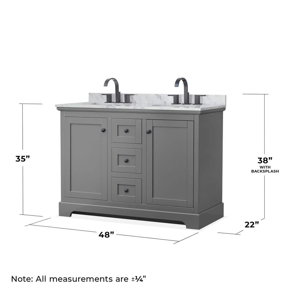 Wyndham Collection Avery 48" Double Bath Vanity in Dark Gray with White Carrara Marble Top