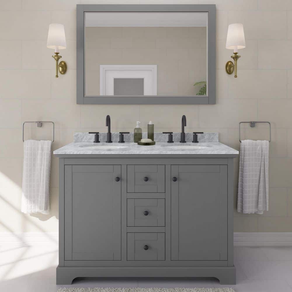 Wyndham Collection Avery 48" Double Bath Vanity in Dark Gray with White Carrara Marble Top