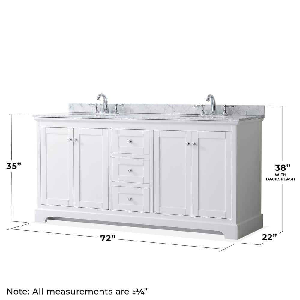 Wyndham Collection Avery 72" White Bathroom Vanity with Marble Top and Double Sinks