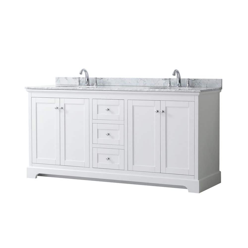 Wyndham Collection Avery 72" White Bathroom Vanity with Marble Top and Double Sinks
