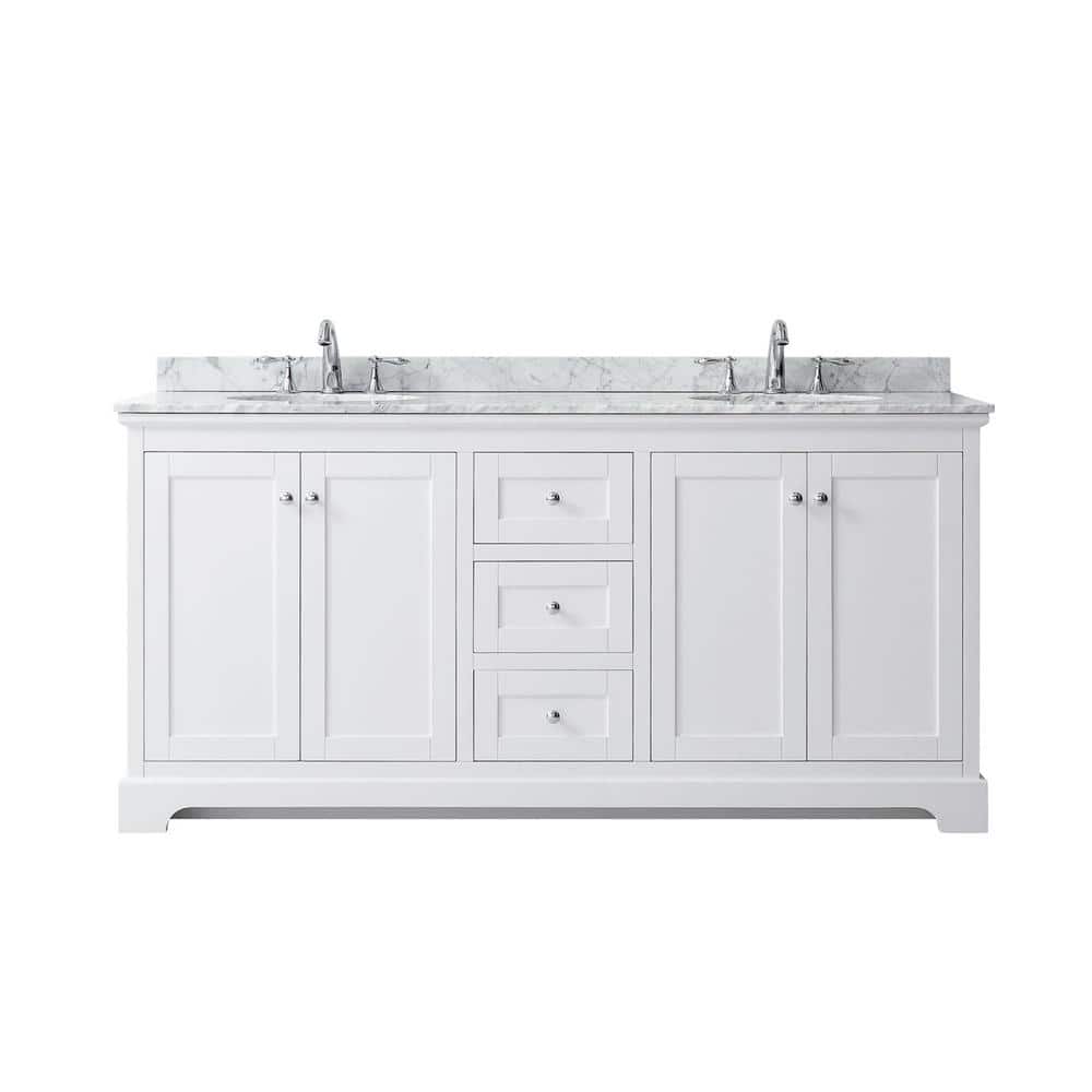 Wyndham Collection Avery 72" White Bathroom Vanity with Marble Top and Double Sinks