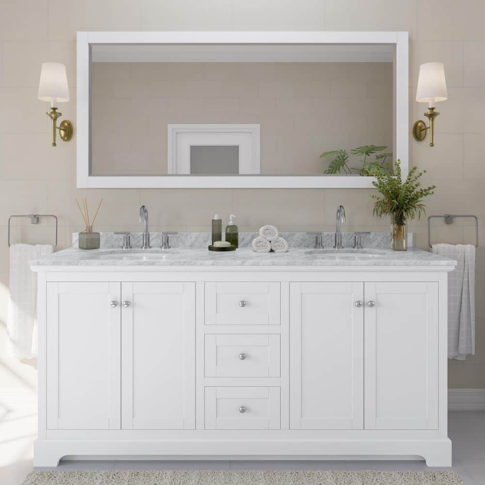 Wyndham Collection Avery 72" White Bathroom Vanity with Marble Top and Double Sinks