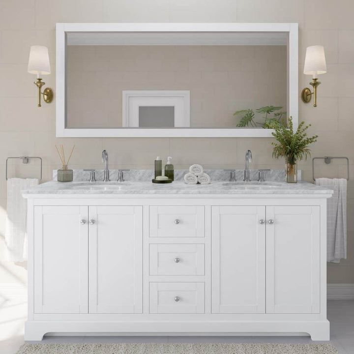 Wyndham Collection Avery 72" White Bathroom Vanity with Marble Top and Double Sinks