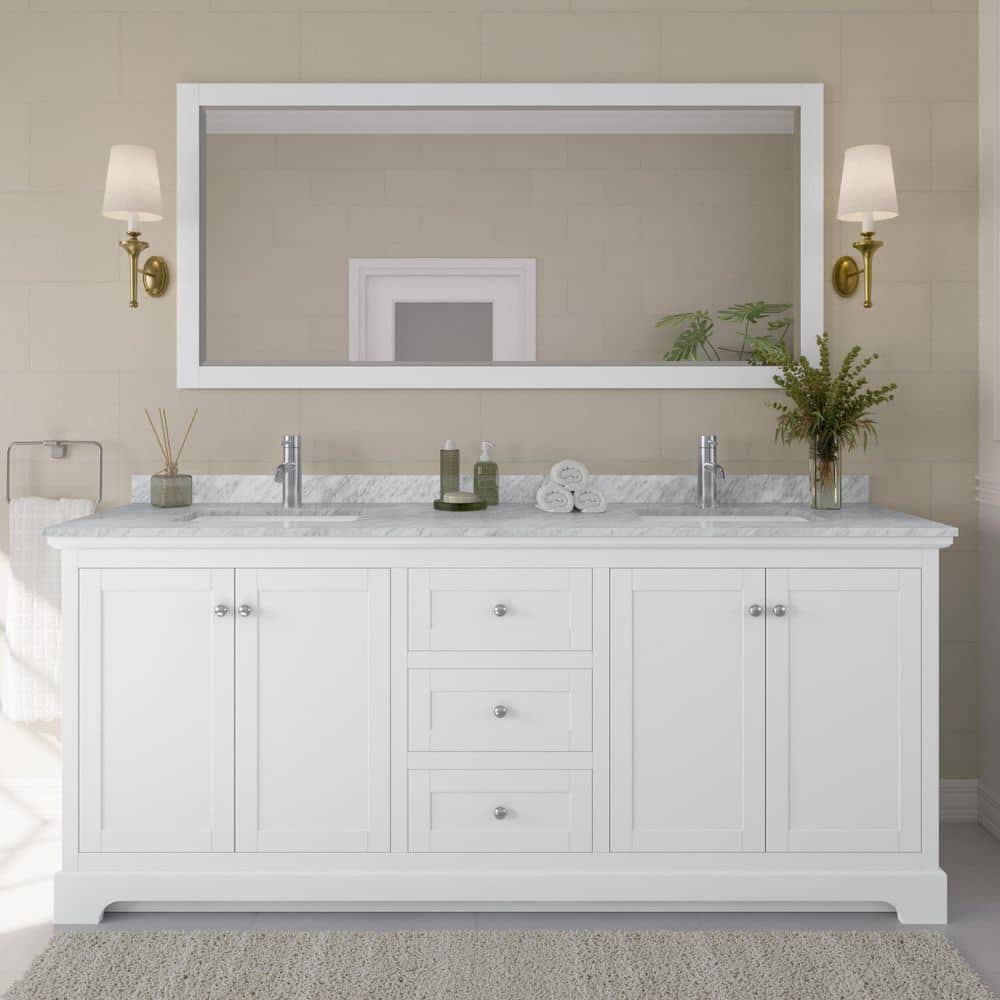 Wyndham Collection Avery 80 in. Bathroom Vanity with White Carrara Marble Top and Double Sinks