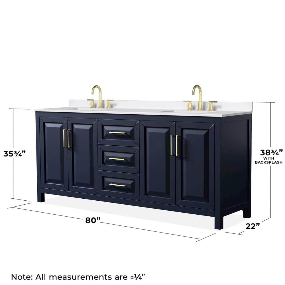 Wyndham Collection Daria 80 in. Double Bath Vanity, Dark Blue with White Quartz Top