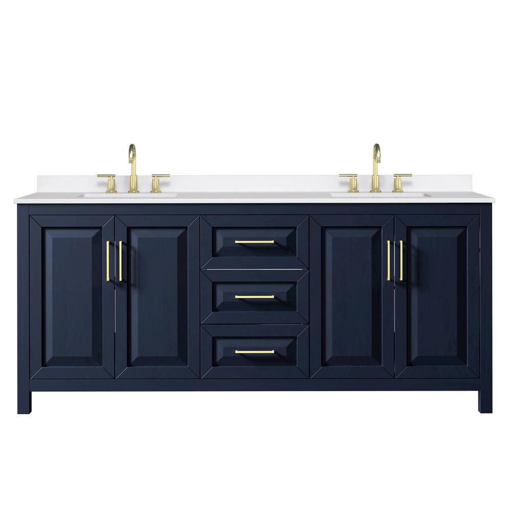 Wyndham Collection Daria 80 in. Double Bath Vanity, Dark Blue with White Quartz Top