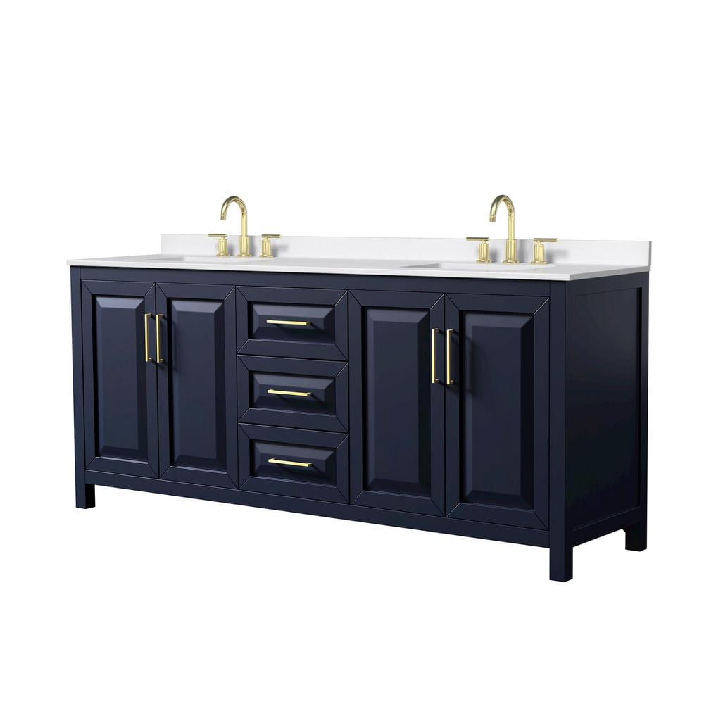 Wyndham Collection Daria 80 in. Double Bath Vanity, Dark Blue with White Quartz Top
