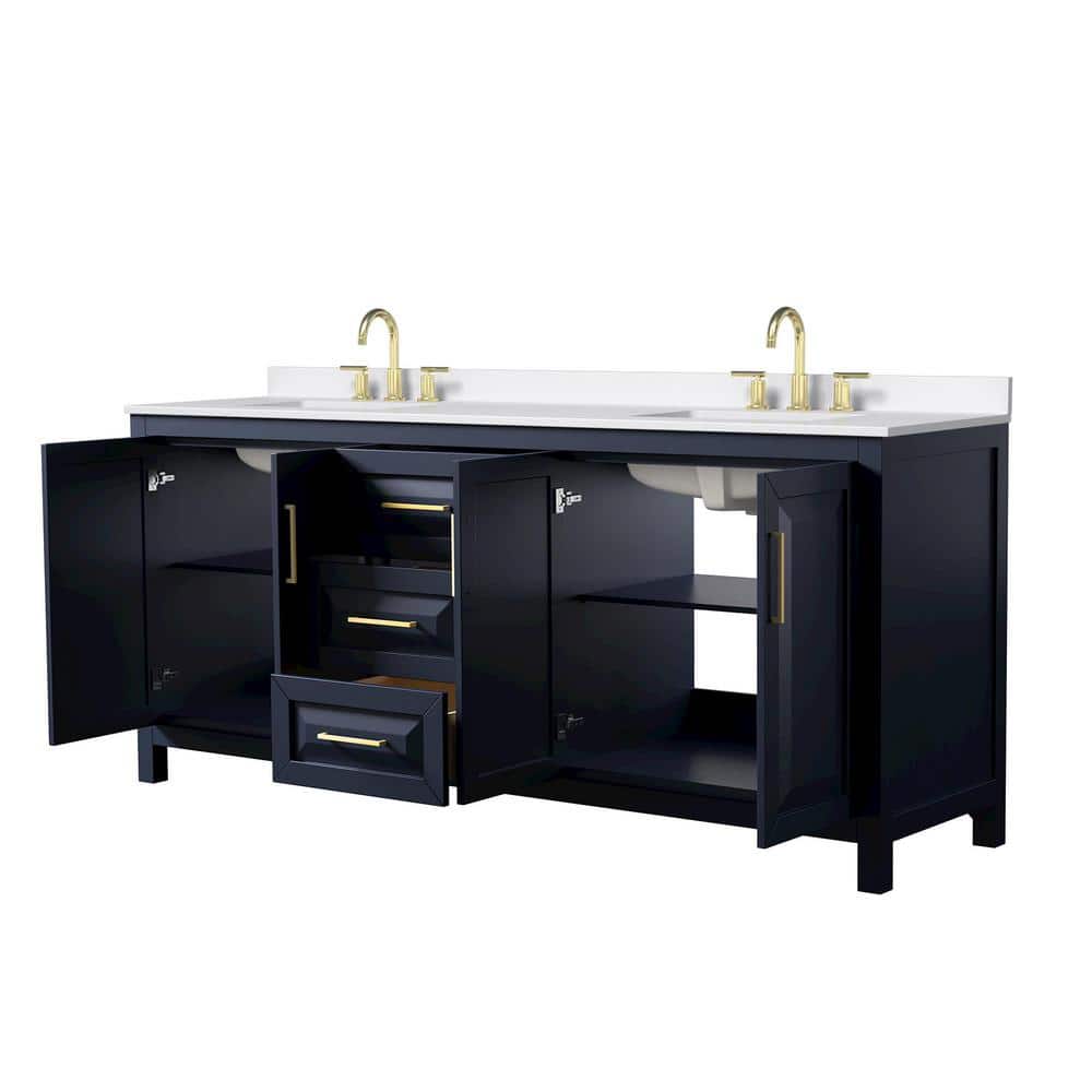 Wyndham Collection Daria 80 in. Double Bath Vanity, Dark Blue with White Quartz Top