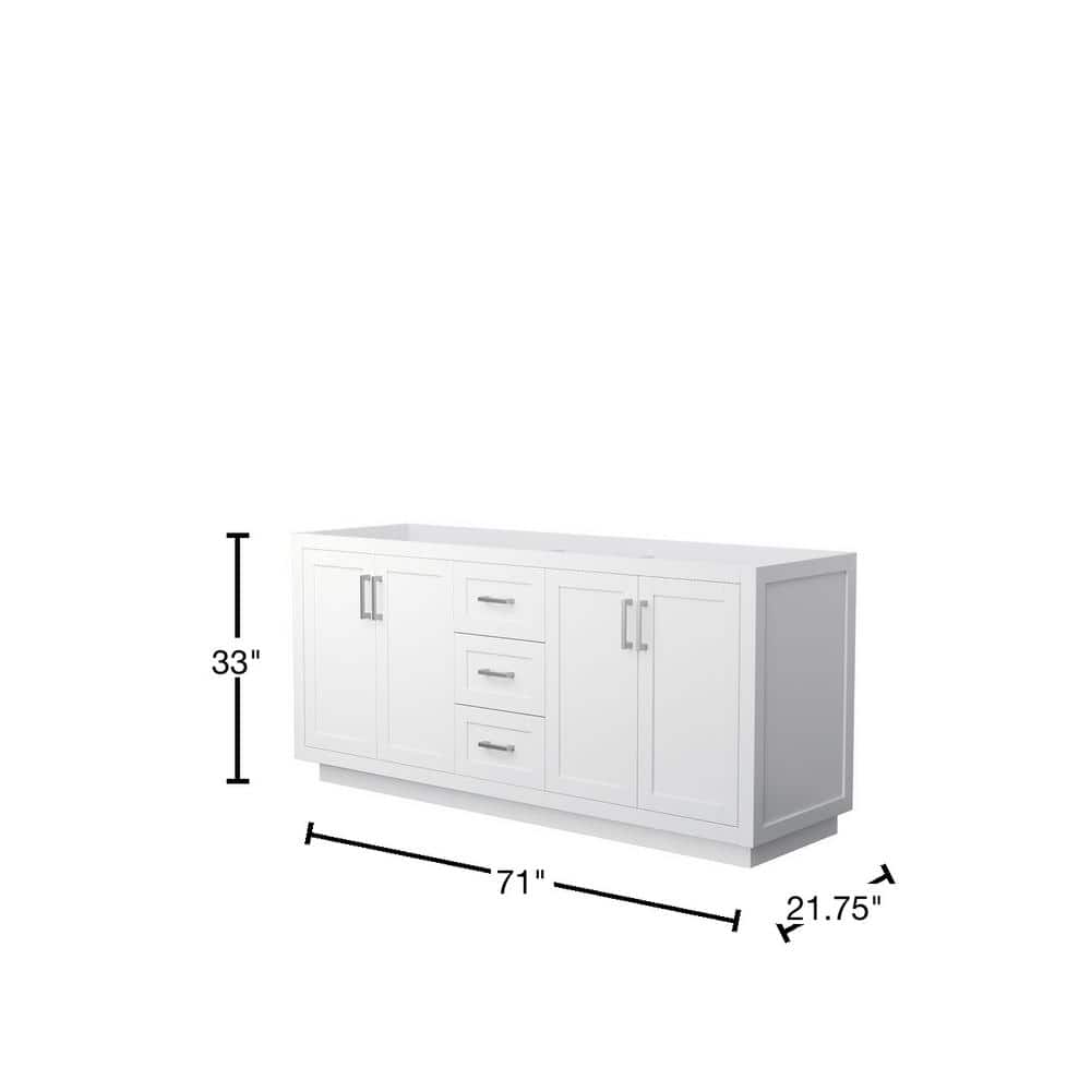 Wyndham Collection Miranda 71" Double Bath Vanity Cabinet in White with Brushed Nickel Trim, Freestanding Design, Soft-Close Doors and Drawers
