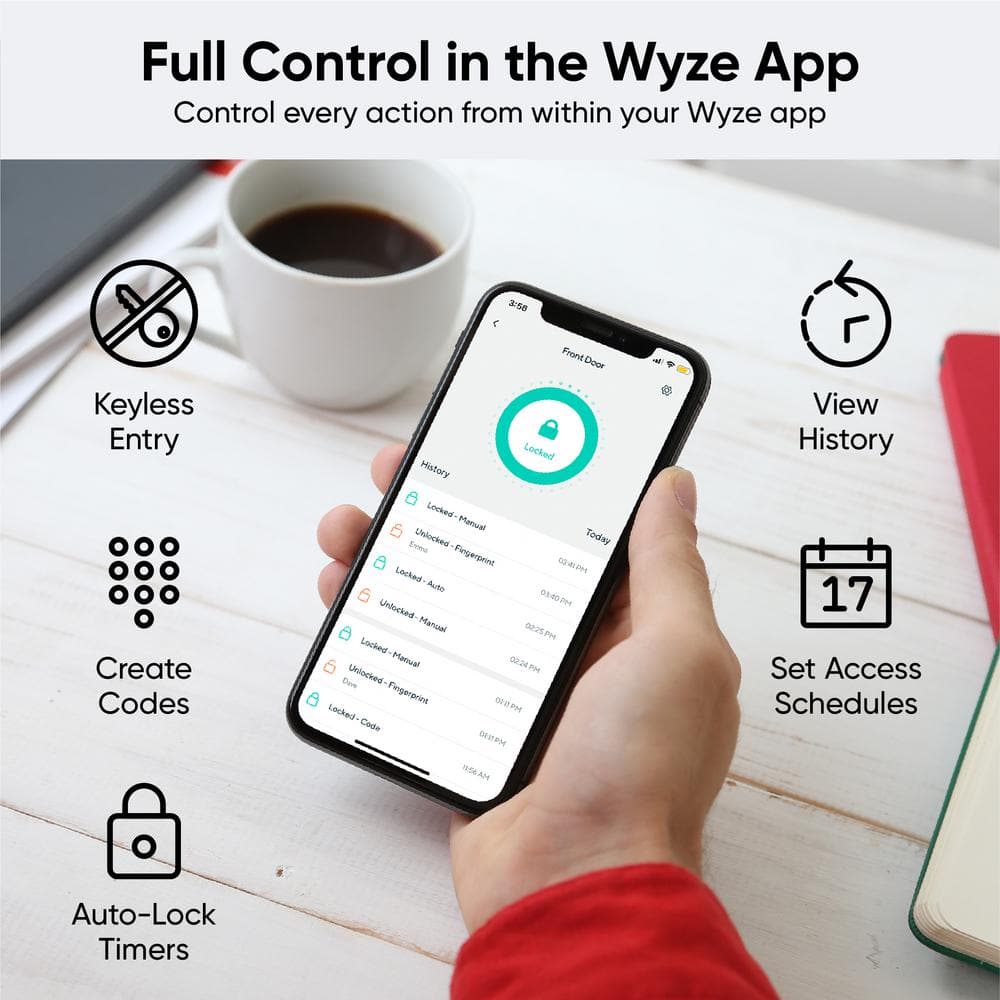 Wyze Smart Lock, Fingerprint Keyless Entry, Bluetooth Deadbolt Replacement, In-App Monitoring and Scheduled Access
