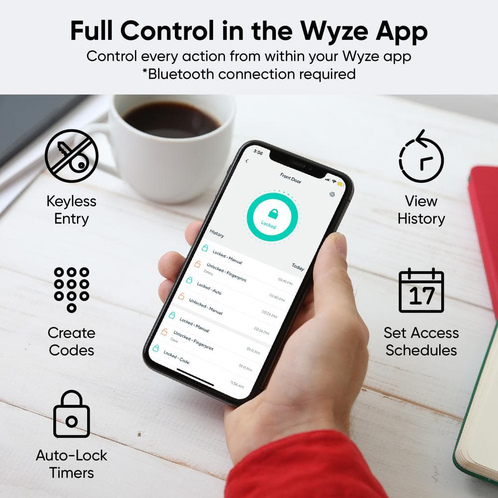 Wyze Satin Nickel Smart Lock, Fingerprint Keyless Entry, Bluetooth Deadbolt Replacement, App Monitoring and Scheduled Access