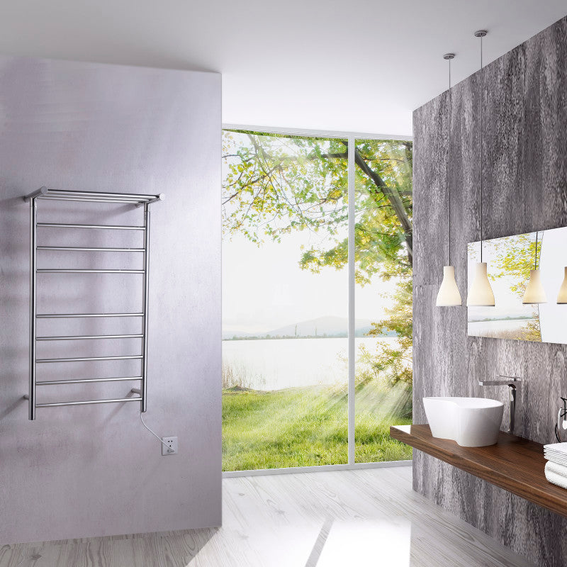 ANZZI Eve 8-Bar Matte Black Plug-In Wall Mounted Electric Towel Warmer with Top Shelf, 23.62 x 9.53 x 39.09 in