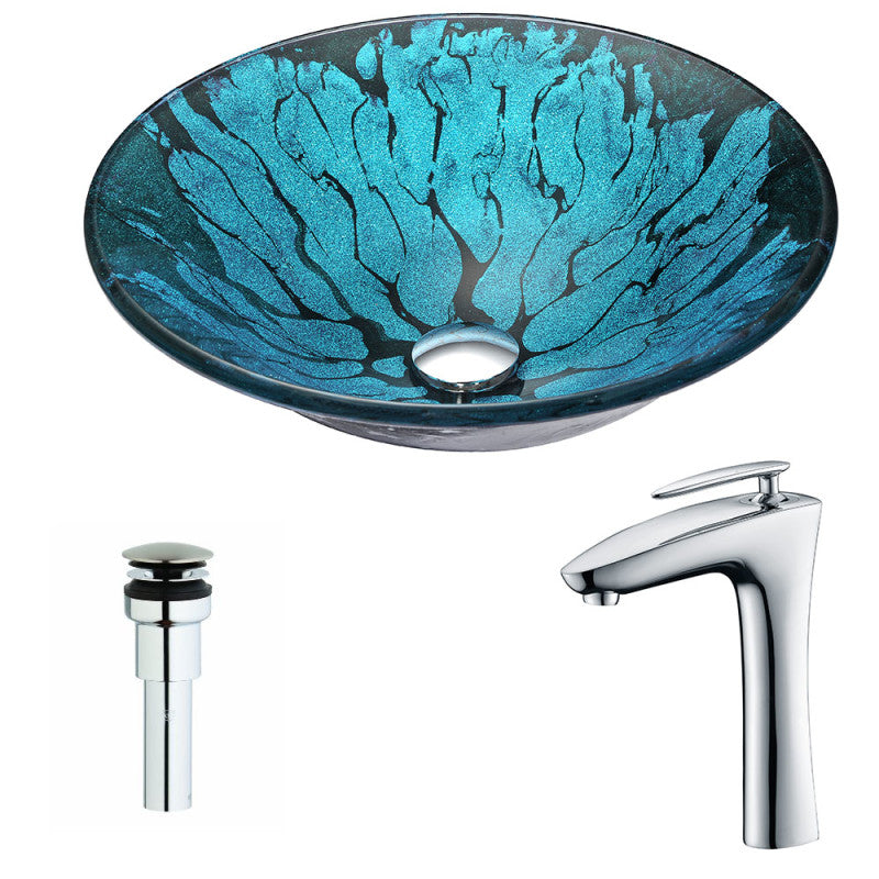 Key Series Deco-Glass Vessel Sink in Lustrous Blue and Black with Enti Faucet in Chrome