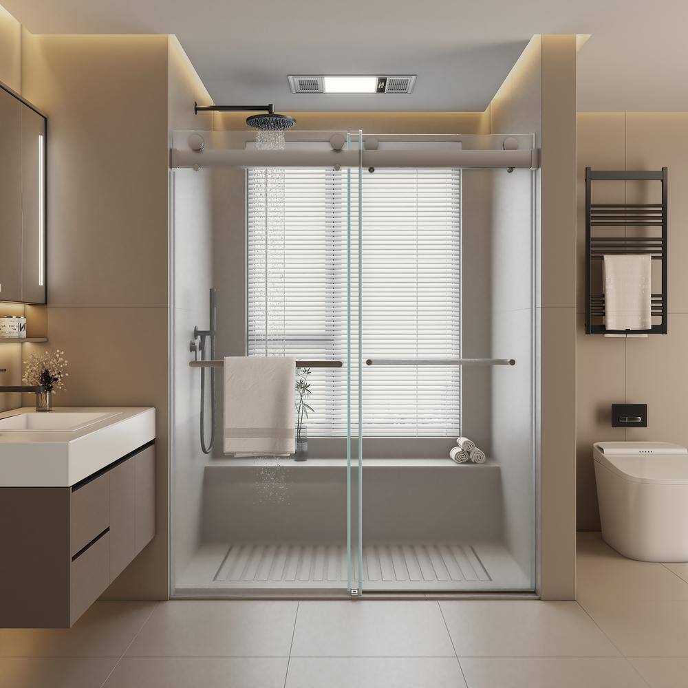 Xzkai 60.1 in. W x 76 in. H Sliding Frameless Shower Door with Tempered Glass, Brushed Nickel