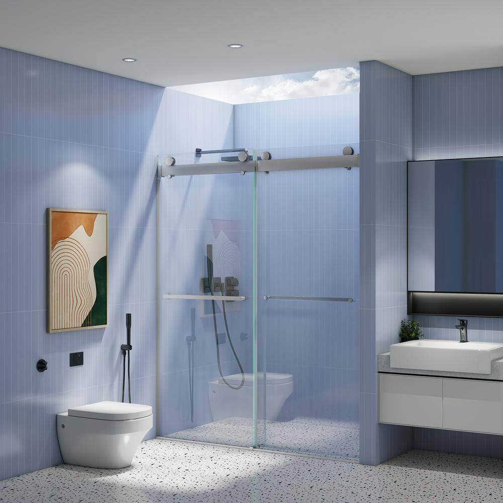 Xzkai 60.1 in. W x 76 in. H Sliding Frameless Shower Door with Tempered Glass, Brushed Nickel