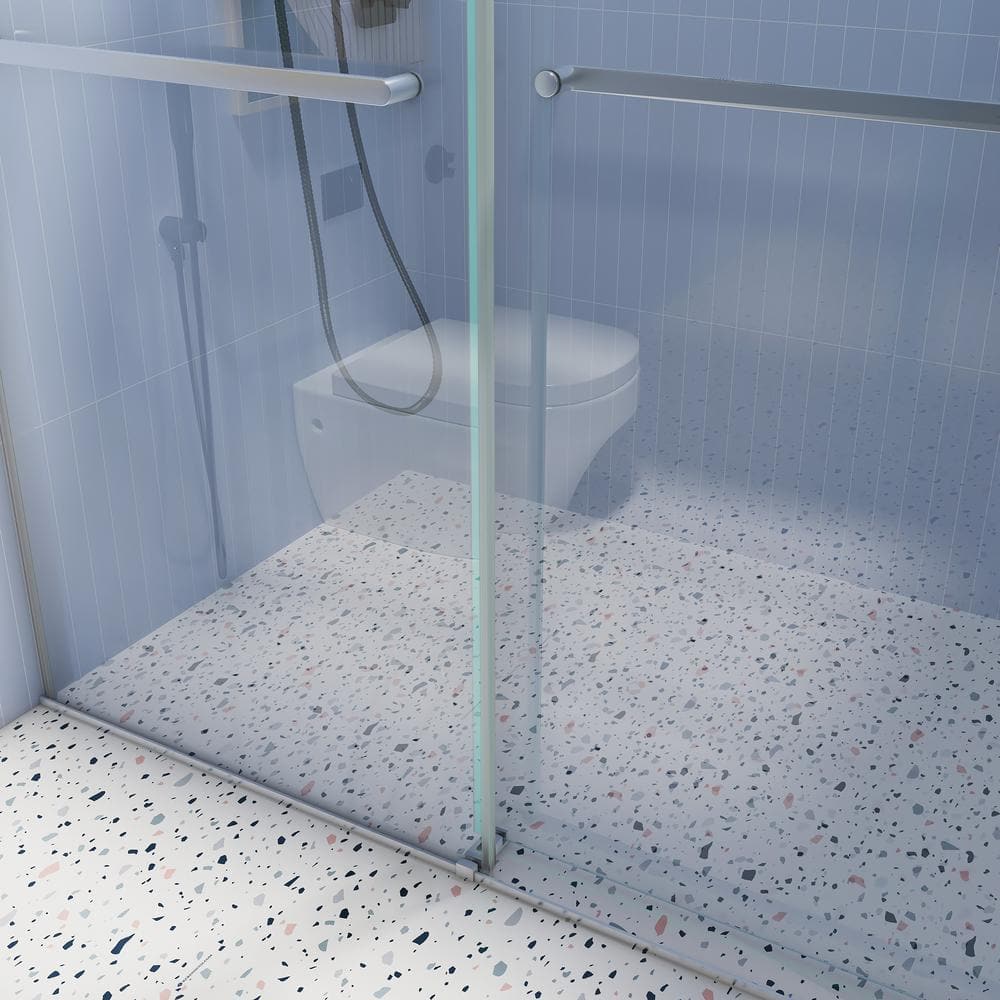 Xzkai 60.1 in. W x 76 in. H Sliding Frameless Shower Door with Tempered Glass, Brushed Nickel