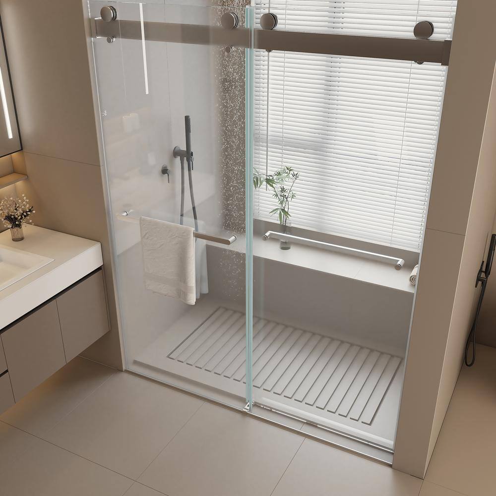 Xzkai 60.1 in. W x 76 in. H Sliding Frameless Shower Door with Tempered Glass, Brushed Nickel