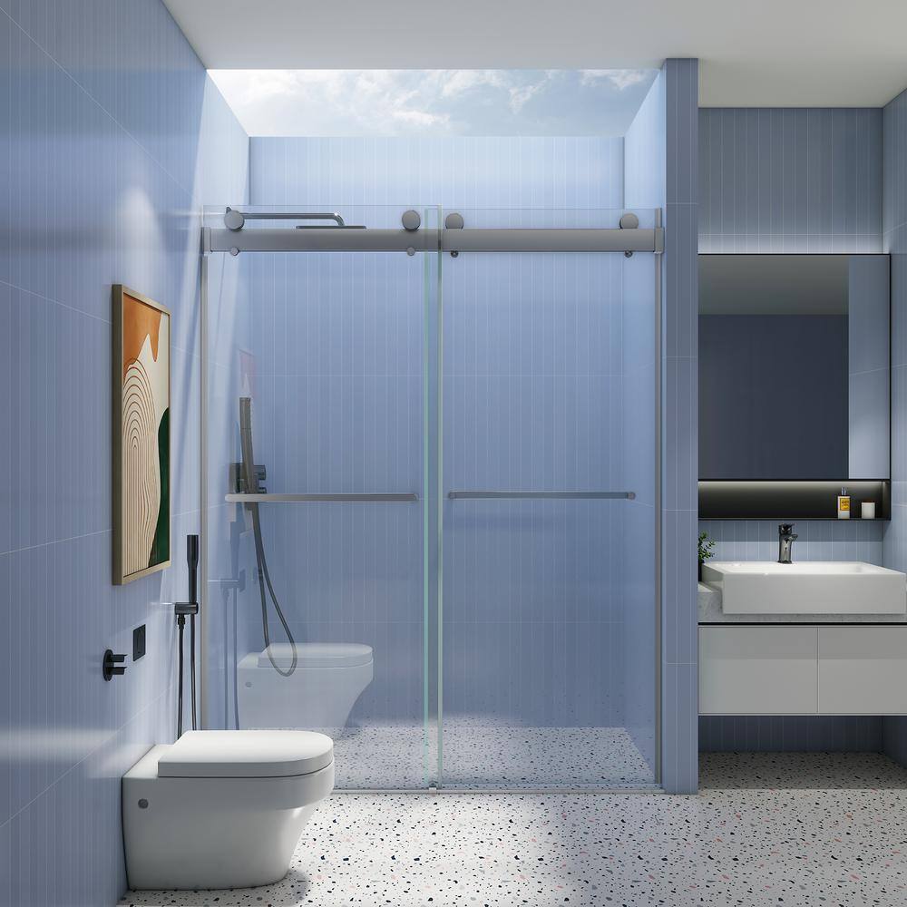 Xzkai 60.1 in. W x 76 in. H Sliding Frameless Shower Door with Tempered Glass, Brushed Nickel