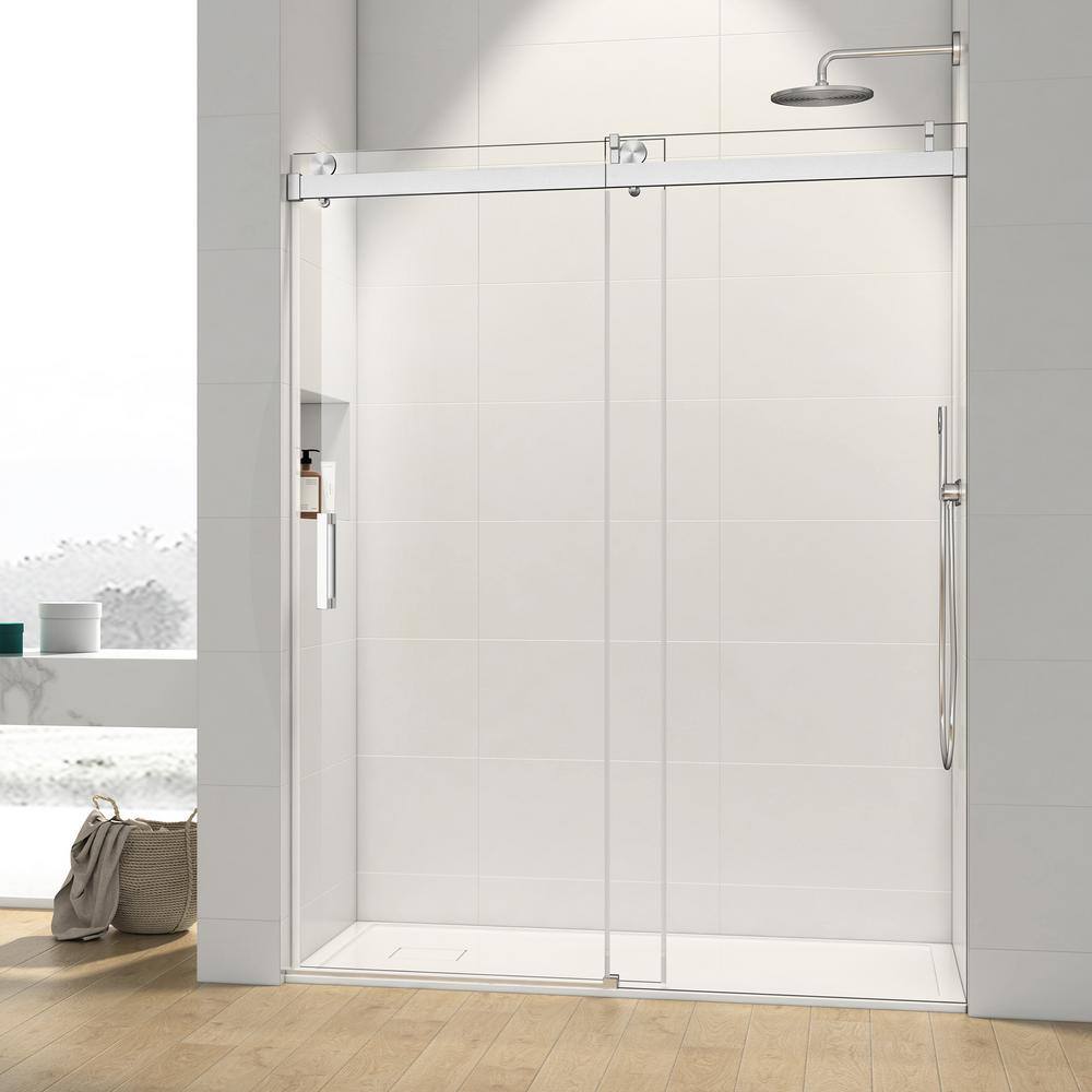 Xzkai 72 in. W x 76 in. H Sliding Frameless Shower Door with Tempered Glass, Brushed Nickel