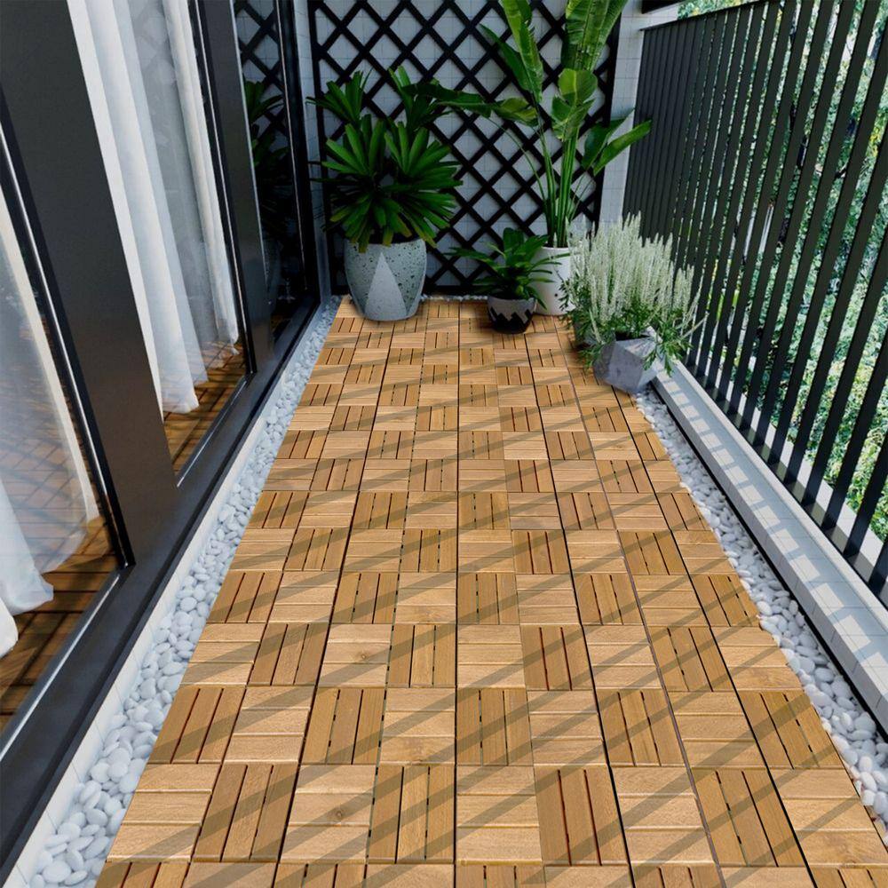 Siavonce 20-piece Interlocking Deck Tiles Checker Pattern, 12 in. x 12 in. Square Yellow Acacia Hardwood Outdoor Flooring