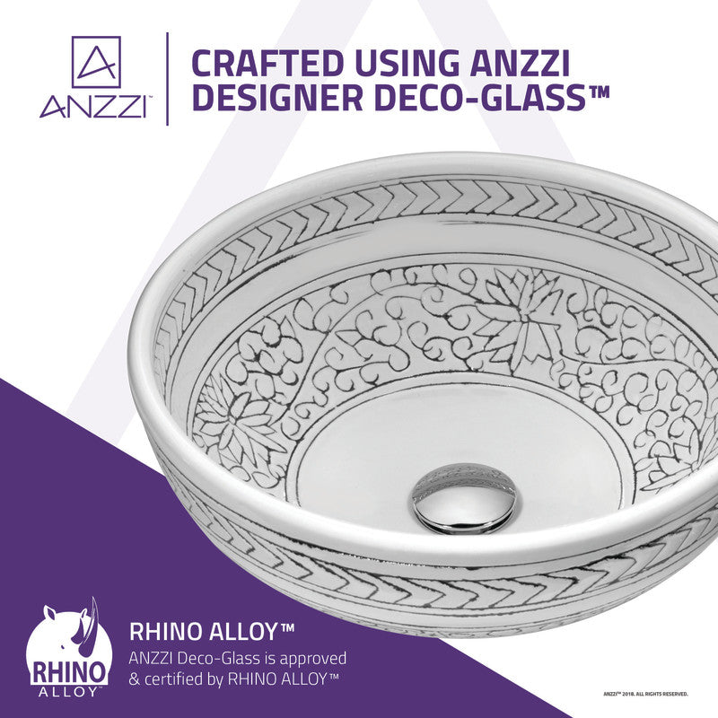 ANZZI Cadence Series 16.1-in Round Bathroom Vessel Sink, Décor White, Deco-Glass, Pop-Up Drain Included