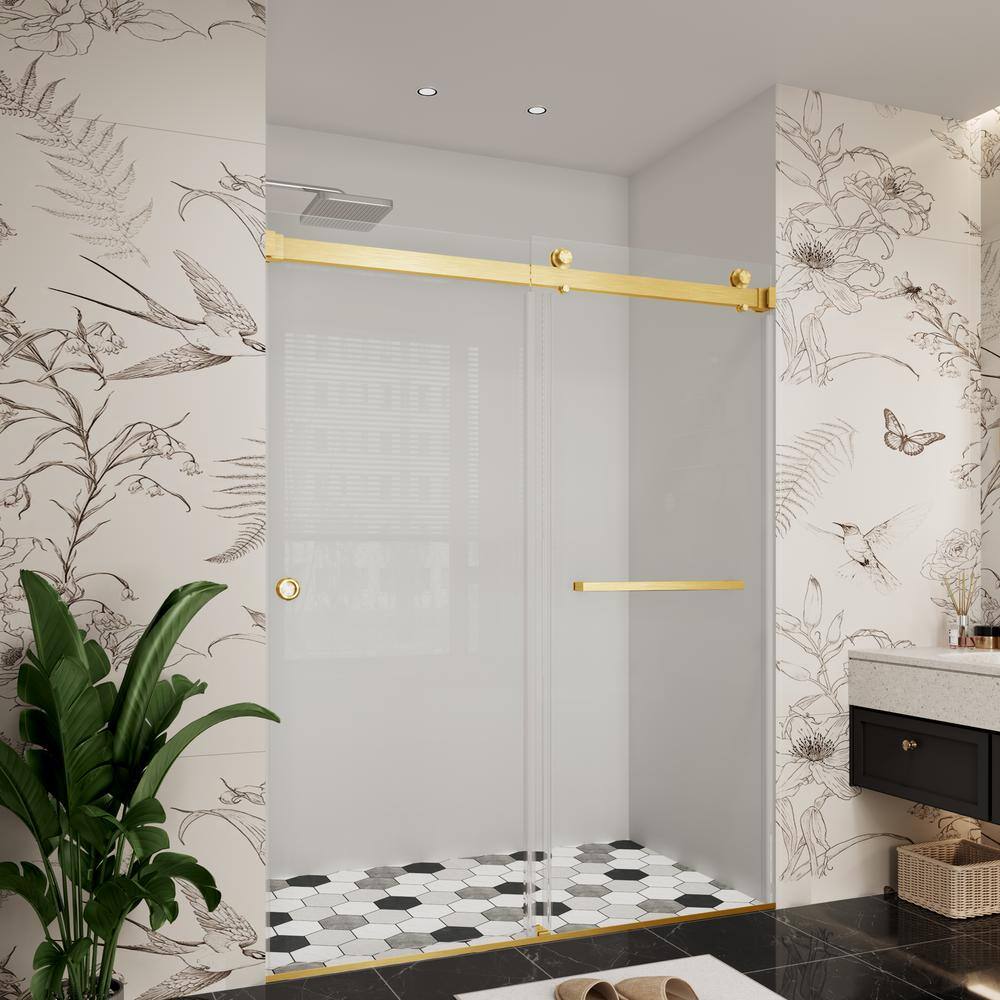 YINVANI 60 in. W x 79 in. H Double Sliding Frameless Bath Shower Door in Brushed Gold with Easy-Clean 3/8 in. Glass and Handle
