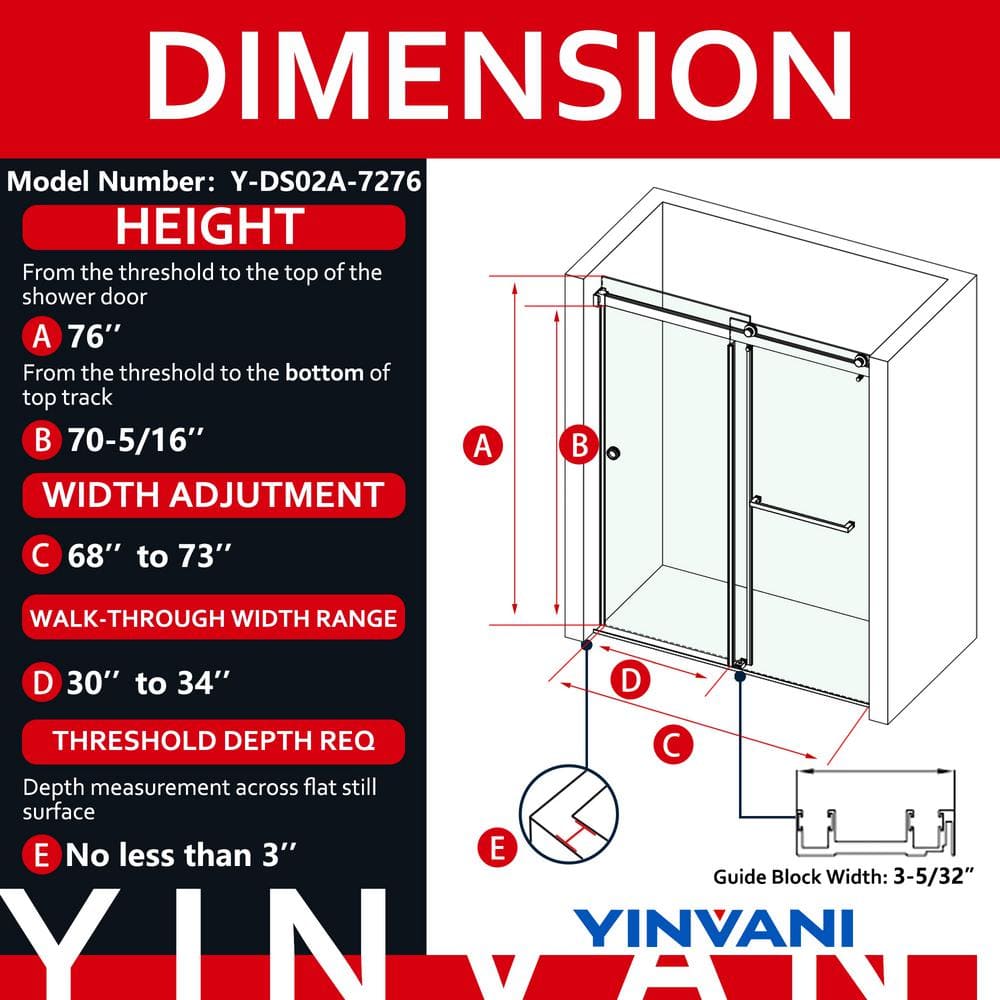 YINVANI 72 in. W x 76 in. H Double Sliding Frameless Bath Shower Door in Brushed Gold with Easy-Clean 3/8 in. Glass and Handle