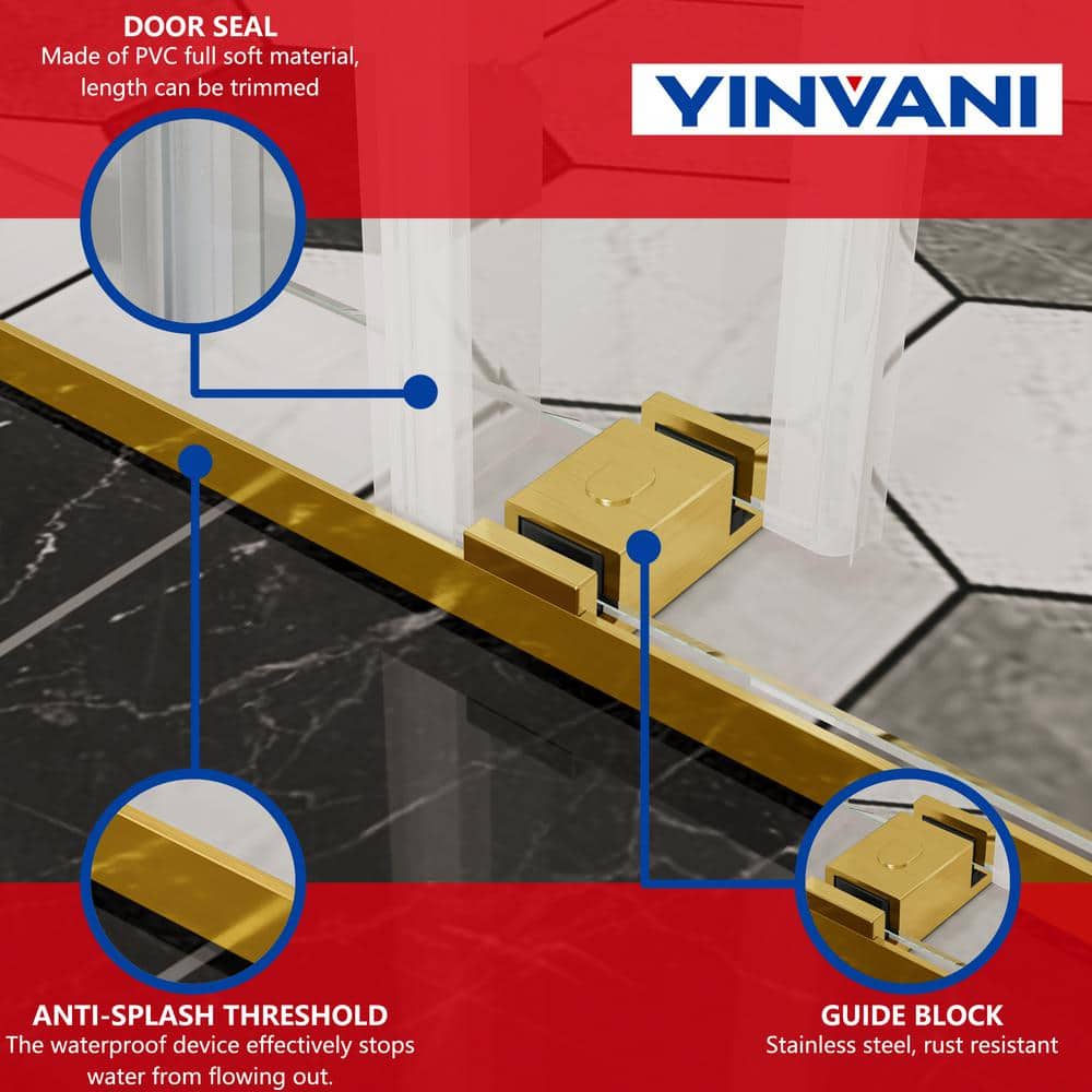 YINVANI 72 in. W x 76 in. H Double Sliding Frameless Bath Shower Door in Brushed Gold with Easy-Clean 3/8 in. Glass and Handle