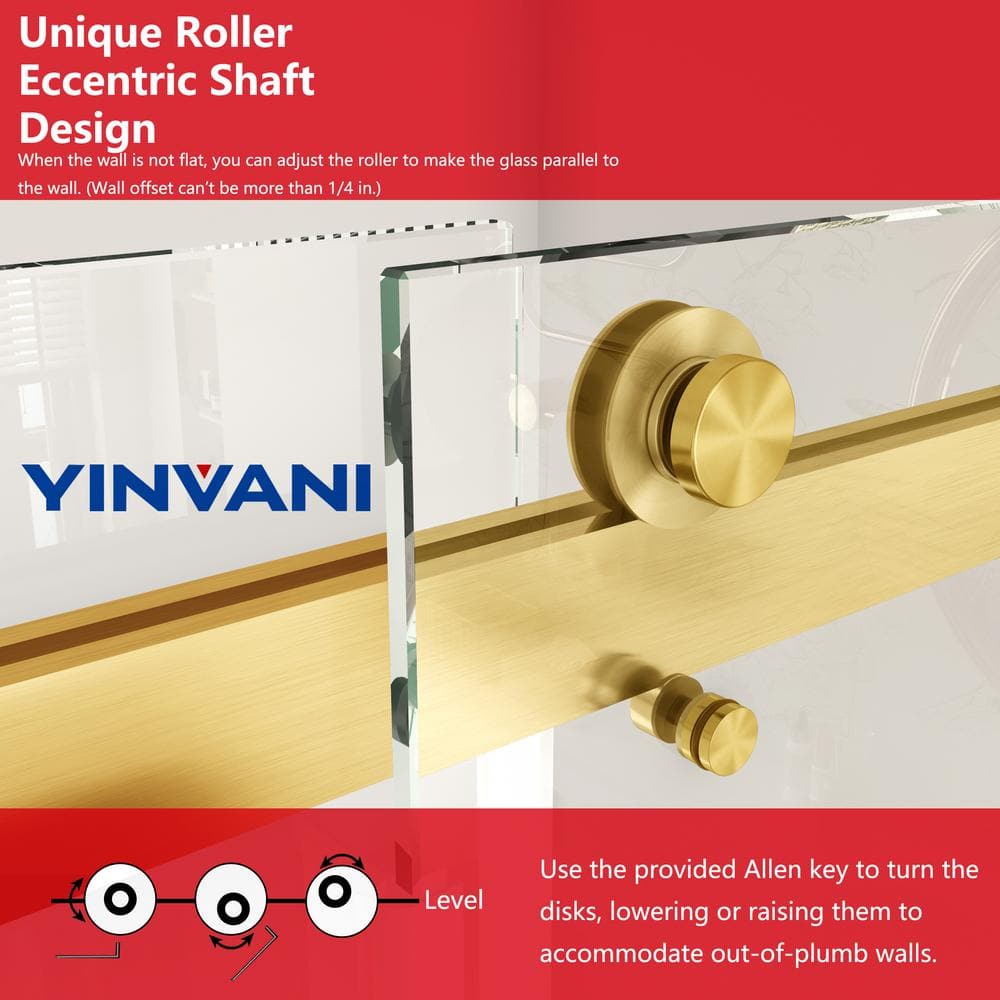 YINVANI 72 in. W x 76 in. H Double Sliding Frameless Bath Shower Door in Brushed Gold with Easy-Clean 3/8 in. Glass and Handle