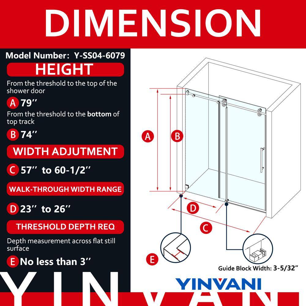 YINVANI 60 in. W x 79 in. H Single Sliding Frameless Shower Door in Chrome with Easy-Clean 3/8 in. Glass