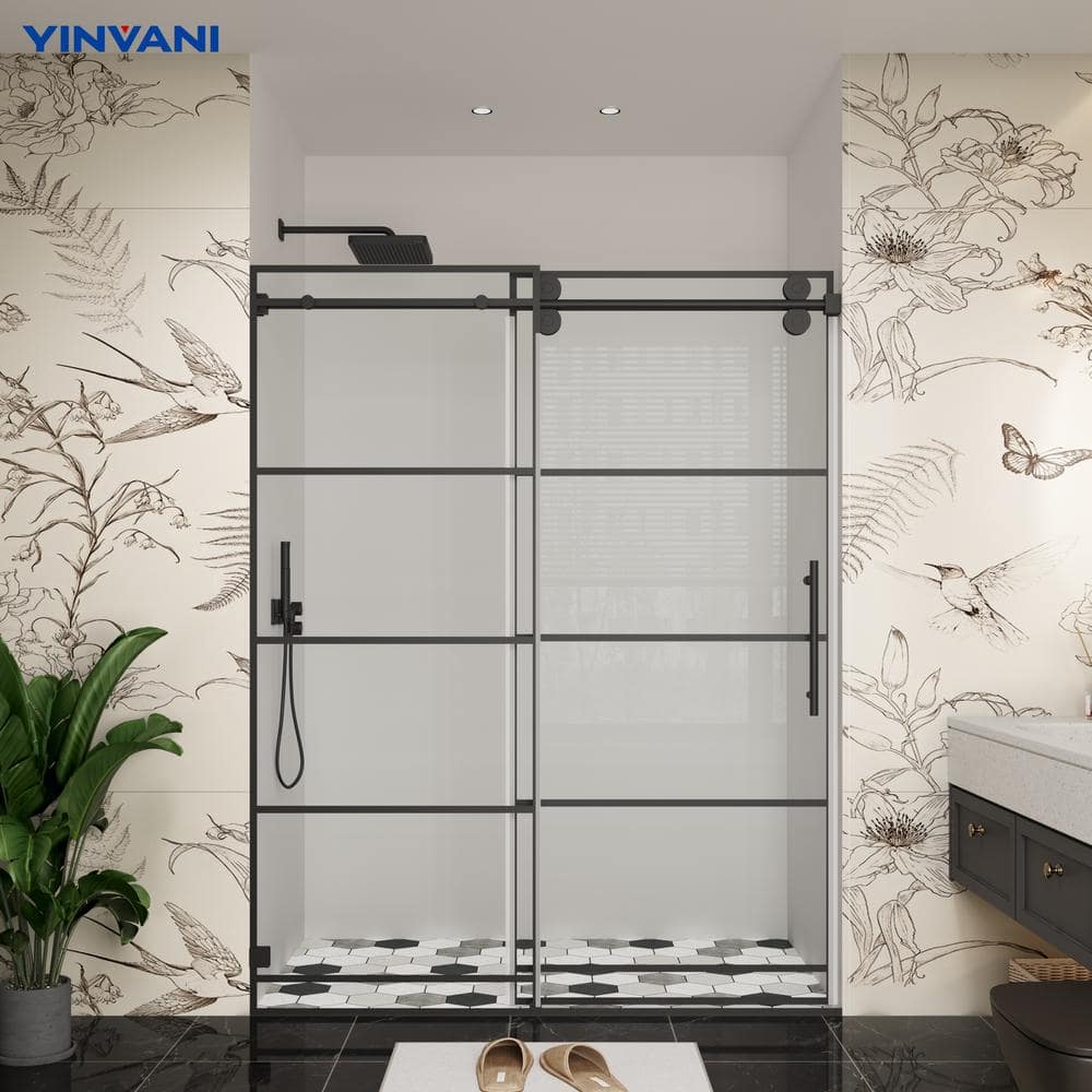 YINVANI 60 in. W x 76 in. H Single Sliding Frameless Shower Door in Matte Black with Easy-Clean 3/8 in. Black Grids Glass